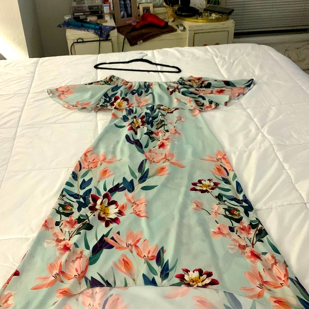 Pretty By Rory Off-Shoulder Hi-Lo Dress, Size Small, Pale Blue Floral